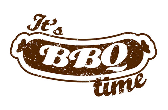 Vector. Grill sausage: It's Barbecue time! Summer BBQ. BBQ season. BBQ poster. Summer Picnic outdoor. Family BBQ day. BBQ related goods adv. Grill meat. Isolated illustration cookout. Barbecue retro