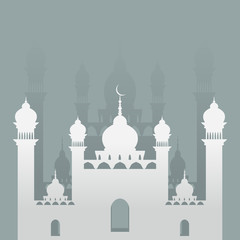 Paper Style Mosque with Four Minarets and Seven Domes Vector Illustration for Islamic Moments Like Ramadan and Eid