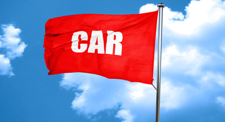 car, 3D rendering, a red waving flag