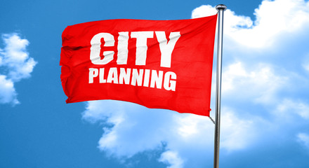 city planning, 3D rendering, a red waving flag
