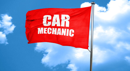 car mechanic, 3D rendering, a red waving flag