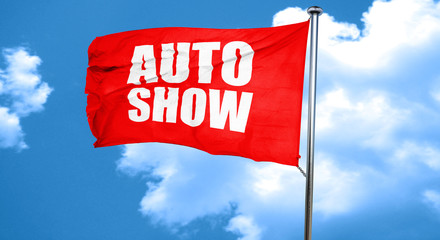 auto show, 3D rendering, a red waving flag