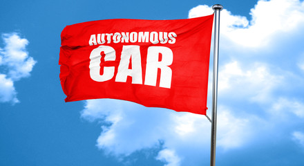 autonomous car, 3D rendering, a red waving flag