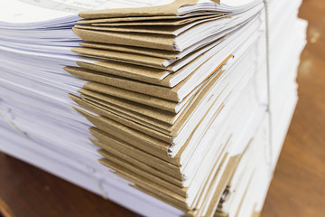 Stacks of paper in office.