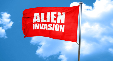 alien invasion, 3D rendering, a red waving flag