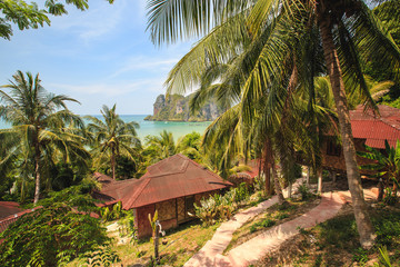 Nice view of bungalows in a garden of palm trees on the Railay P