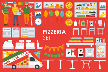 Big detailed Pizzeria Interior flat icons set. Menu, Refrigerator, Waiter, Chairs, Deliveryman, Tables. Pizza conceptual web vector illustration. 