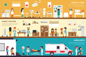 Medical Care Family Doctor Ambulance flat hospital interior outdoor concept web vector illustration. Sugrery, Patients, First Aid, Medicine service