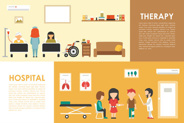 Hospital Therapy flat medical hospital interior concept web vector illustration. Doctor, Patients, Queue, Medicine service