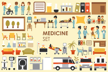 Medical Big Collection in flat design background concept. Infographic elements set with hospital staff doctor and nurse around medicine tools equipment