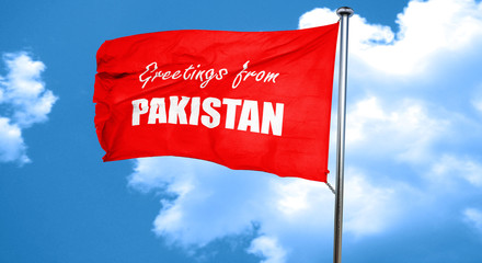 Greetings from pakistan, 3D rendering, a red waving flag