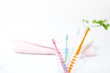 家族の歯ブラシとタオル　洗面