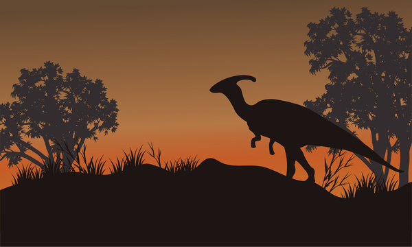 Silhouette of one parasaurolophus in hills
