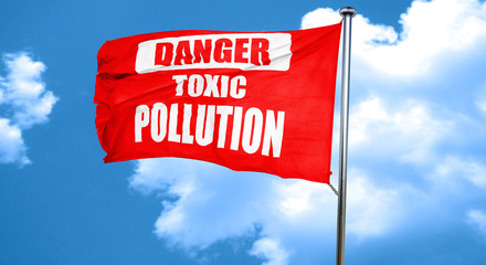 Pollution waste sign, 3D rendering, a red waving flag