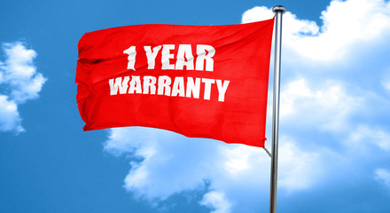 1 year warranty, 3D rendering, a red waving flag