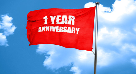 1 year anniversary, 3D rendering, a red waving flag