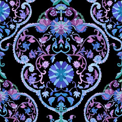 Watercolor Paisley Seamless Background. Cold Colors.