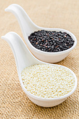 White sesame and black sesame seeds.