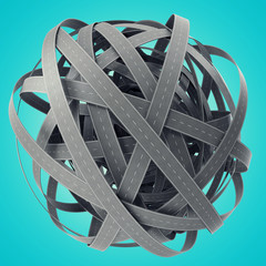 Sphere of tangled roads, on cyan background. 3d illustration