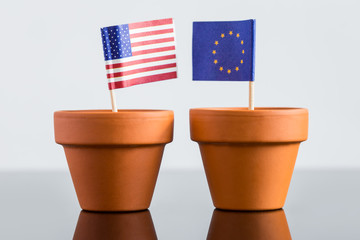 Blumentopf mit europa und usa Fahne © M.Dörr & M.Frommherz
