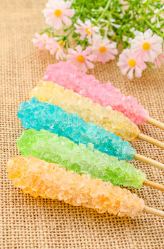 Many colorful sugar crystal candy.