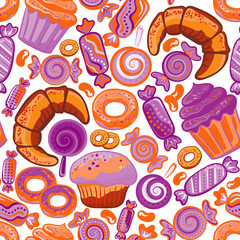 Pastry hand drawn seamless pattern. Doodle background collection confections. Icon set vector