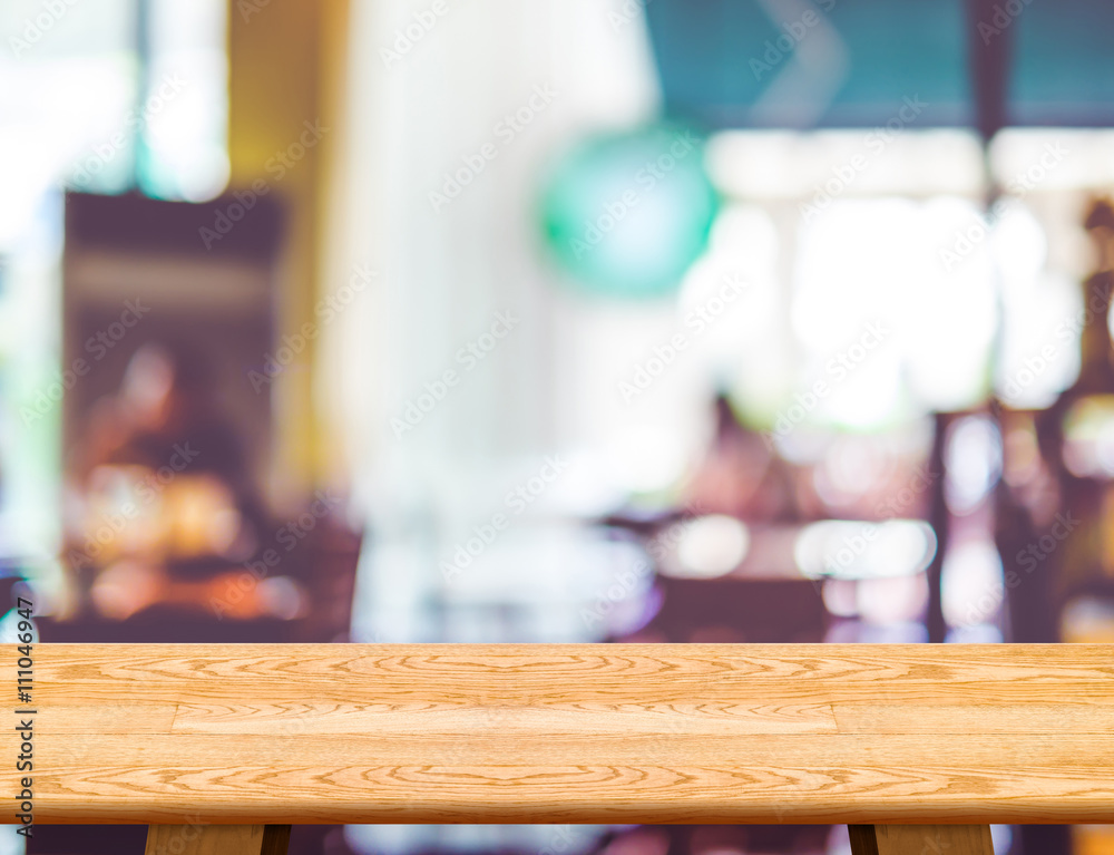 Aufkleber empty wooden table and blurred cafe bokeh light background. mock