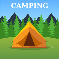 Camping tourist tent on forest landscape