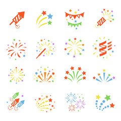 Firework color icon set with burst petard, stars. Festival celebrate and party.  - obrazy, fototapety, plakaty