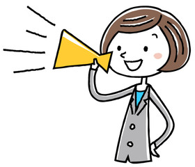 イラスト素材：ビジネス　スーツの女性　メガホン