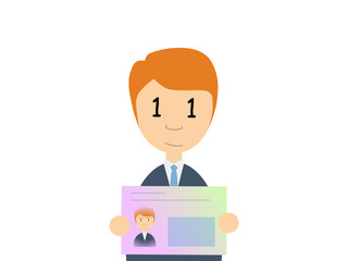 Flat vector illustration of a smiling caucasian guy holding Japanese my number card