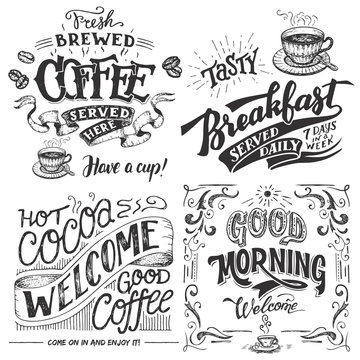 Fototapeta Fresh brewed coffee served here. Tasty breakfast served daily. Hot cocoa and good coffee welcome sign. Good morning cafe sign. Hand lettering with sketches. Vintage typography for cafe or restaurant