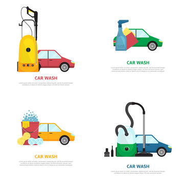 Set of labels on car wash theme in flat style. Vector illustration with cars detergent products and different tools.