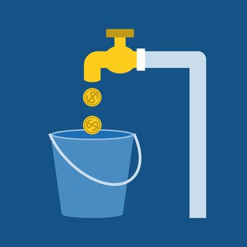 tab with gold coins and bucket, flat design, saving water concept