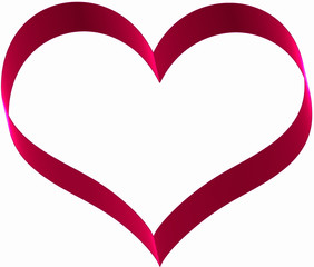 Red ribbon in heart shape on white background