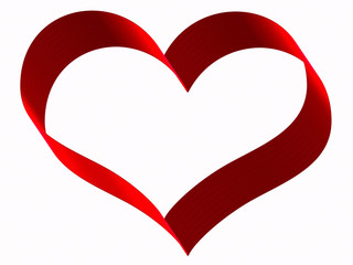 Red ribbon in heart shape on white background