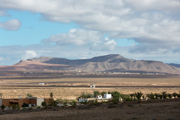 Landscape of fields and mountains near Antigua village, Fuerteventura, Canary Islands, Spain