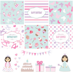 Birthday party and girl baby shower design elements set. Templates, stickers, seamless patterns.
