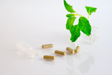 herb pills  on white background