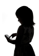 one small girl silhouette with phone on white background