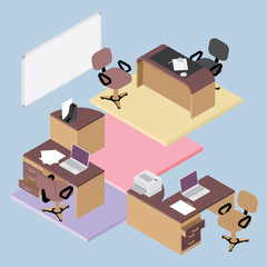 Collection of office furniture, flat isometric office room interior businessmen concept vector set 