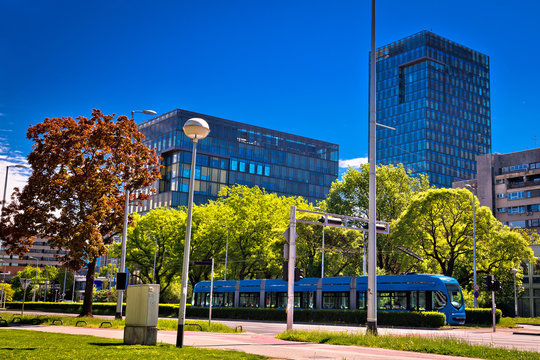 Zagreb Tram And Modern Buildings