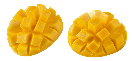 Peach mango long slices isolated on white background as package design element