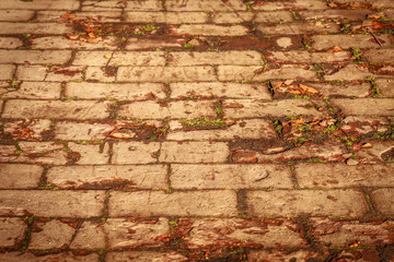 Damaged red brick pavement