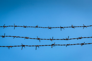 Color picture of barbed wire against blue sky