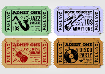 Vector set of vintage paper ticket and admit one samples icon