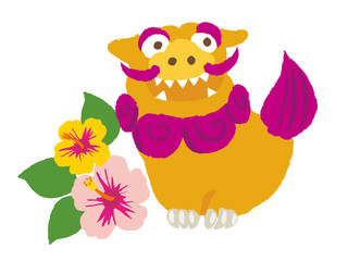 Okinawan shi shi dog  with hibiscus