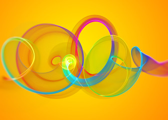 holiday glass transparent rainbow curved spiral and sircles over yellow orange Abstract Background.  horizontal Illustration.