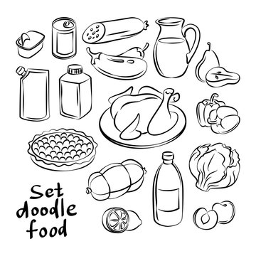 Hand drawn food objects. Freehand doodles food collection.