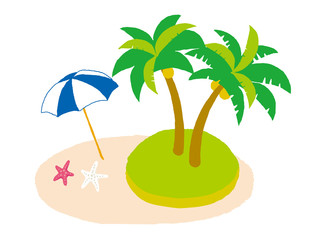 Illustration of the sandy beach. / Palm tree and starfishes and Beach umbrella.